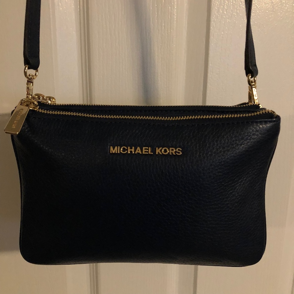 MICHAEL Michael Kors Bedford Gusset Triple Zip Crossbody in Navy Pebbled Leather